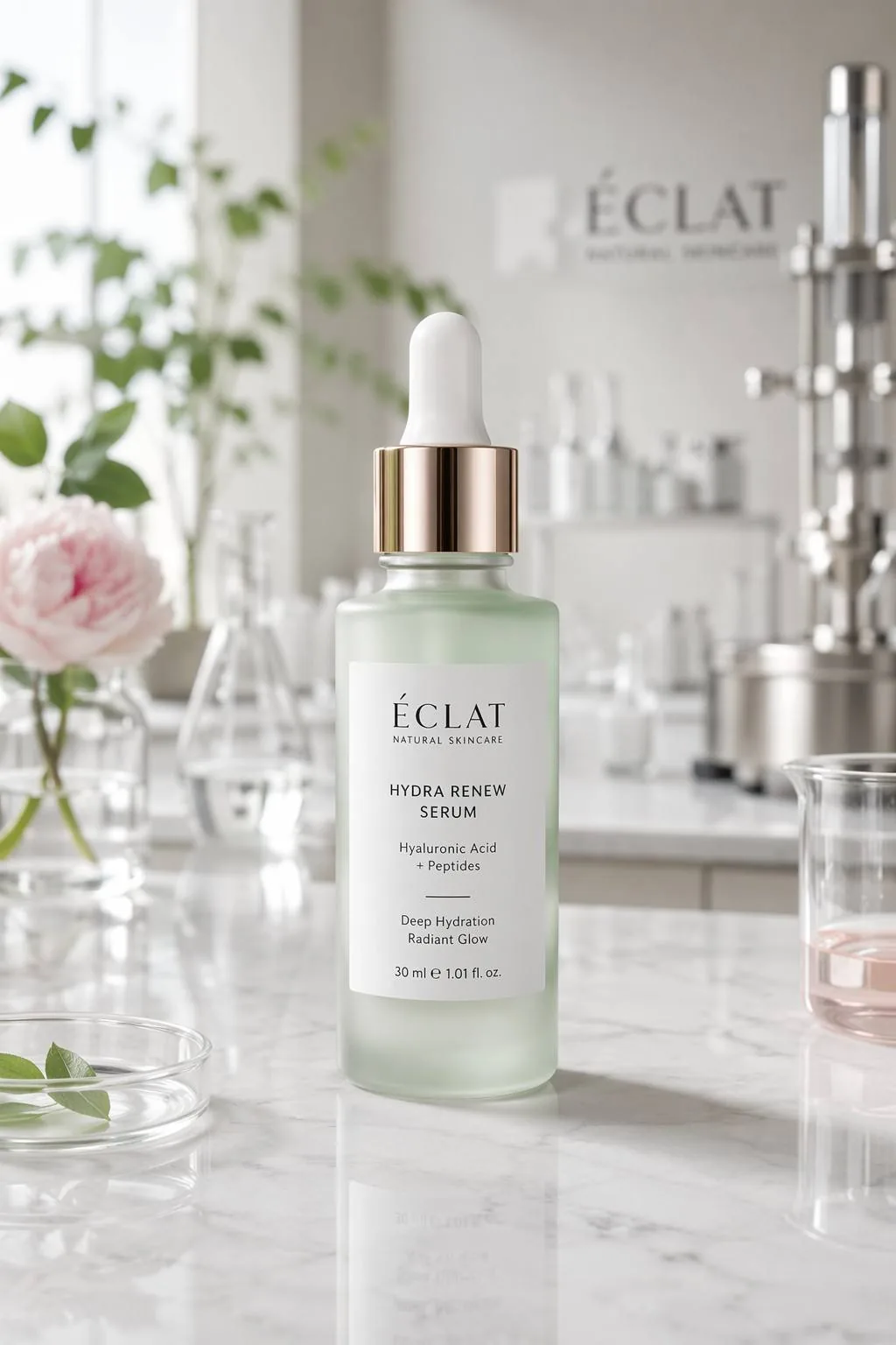 Skincare serum concept shown in a bright product development laboratory